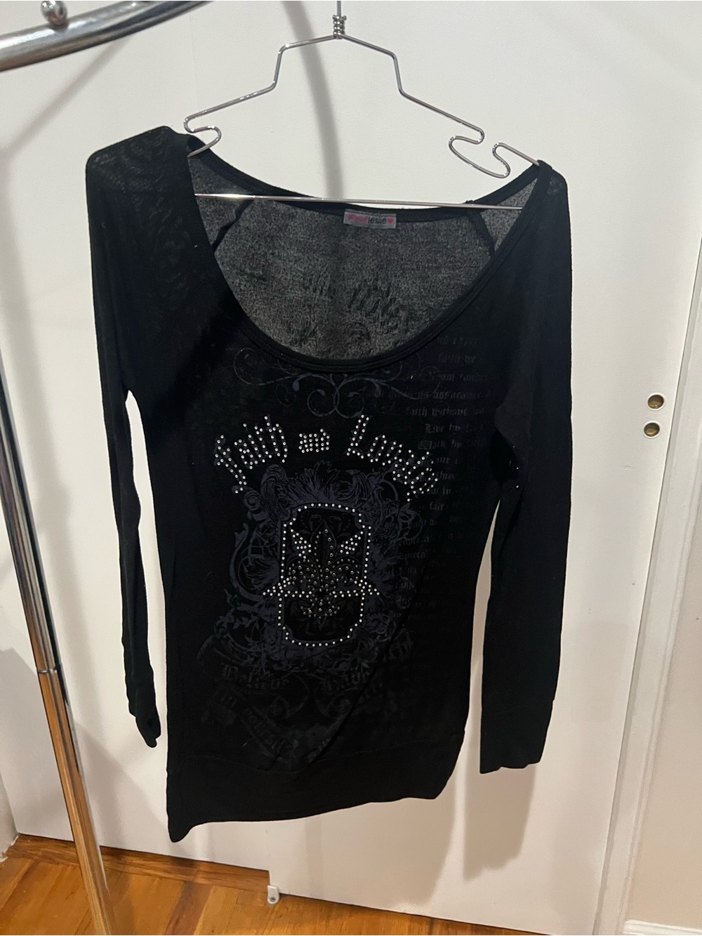 Joyce Leslie Black Scoop Neck Long Sleeve Top with Studded Graphic